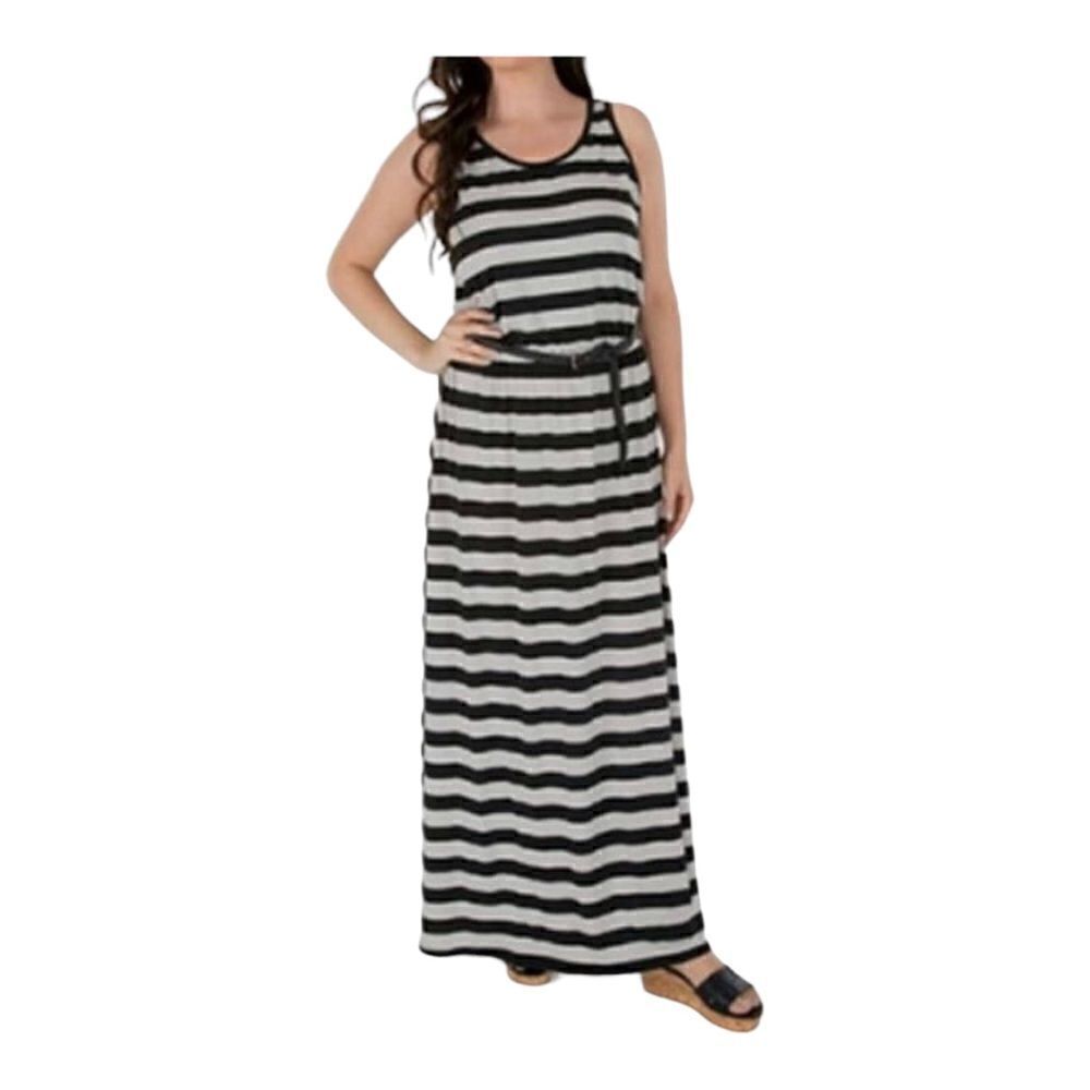 Fever Sleeveless Black/ Gray Striped Belted Maxi Dress‎ Medium New With Tags